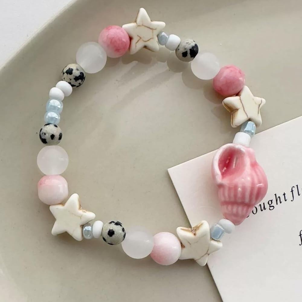 Beaded Bracelet Beach Theme Stone Pastel Stretch Summer Seashell Ocean Trendy